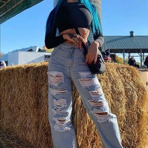 Never Letting Go Distressed Boyfriend Jeans - Light Blue Wash